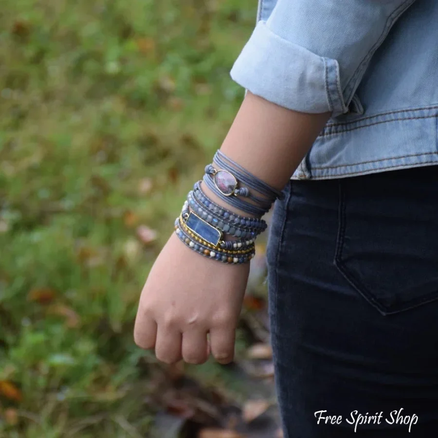 Handmade Natural Blue Topaz Sodalite & Howlite Gemstone Leather Wrap Bracelet - Image 5
