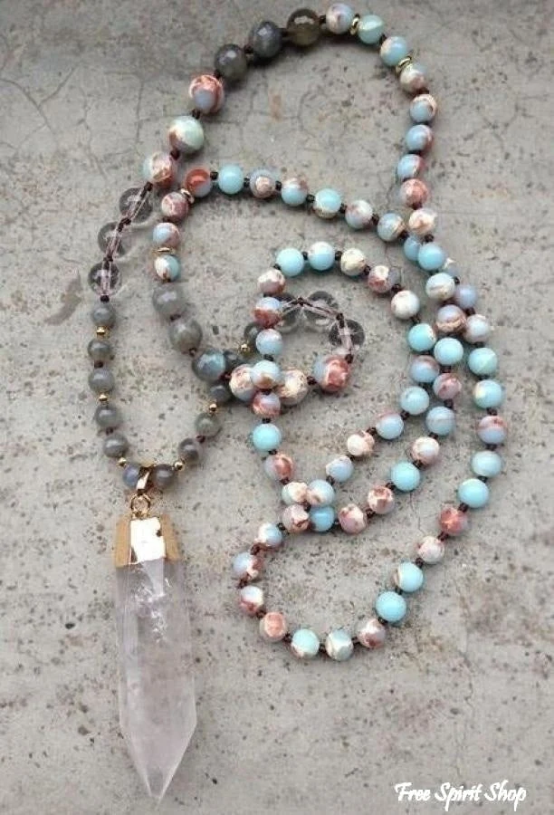 Handmade Natural Indian Agate, Labradorite & Clear Quartz Mala Bead Necklace - Image 3