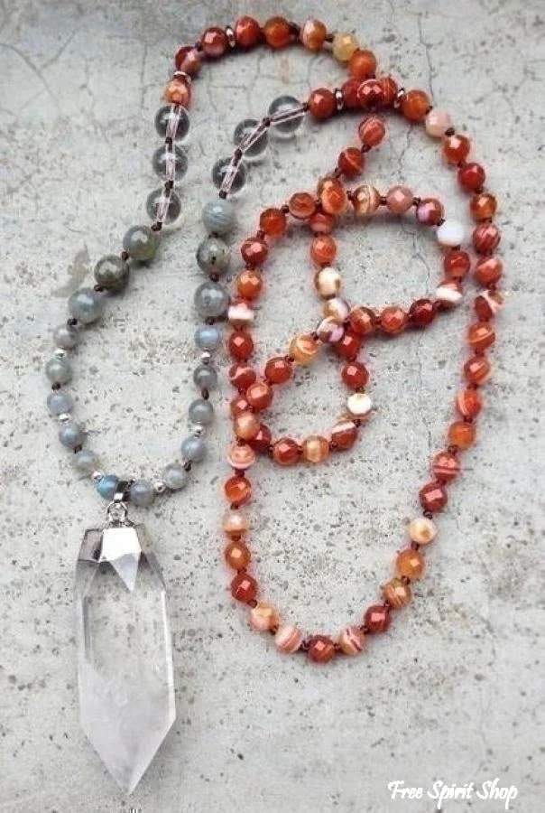 Handmade Natural Indian Agate, Labradorite & Clear Quartz Mala Bead Necklace - Image 4