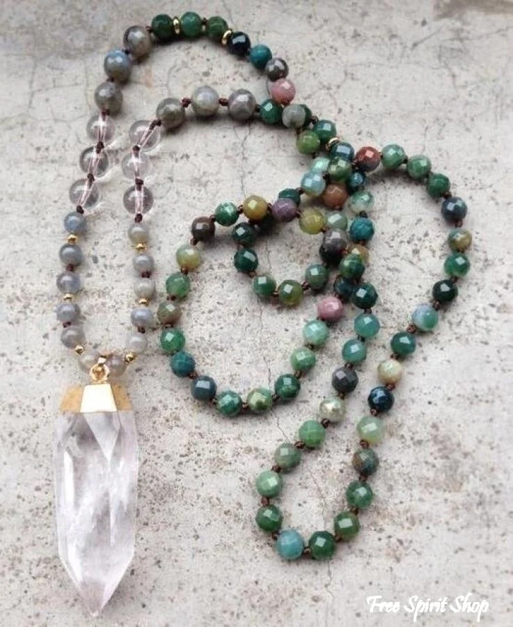 Handmade Natural Indian Agate, Labradorite & Clear Quartz Mala Bead Necklace - Image 5
