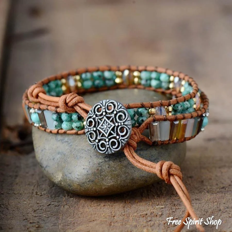 Handmade Natural Jade & Crystal Beads Wrap Bracelet - Image 3