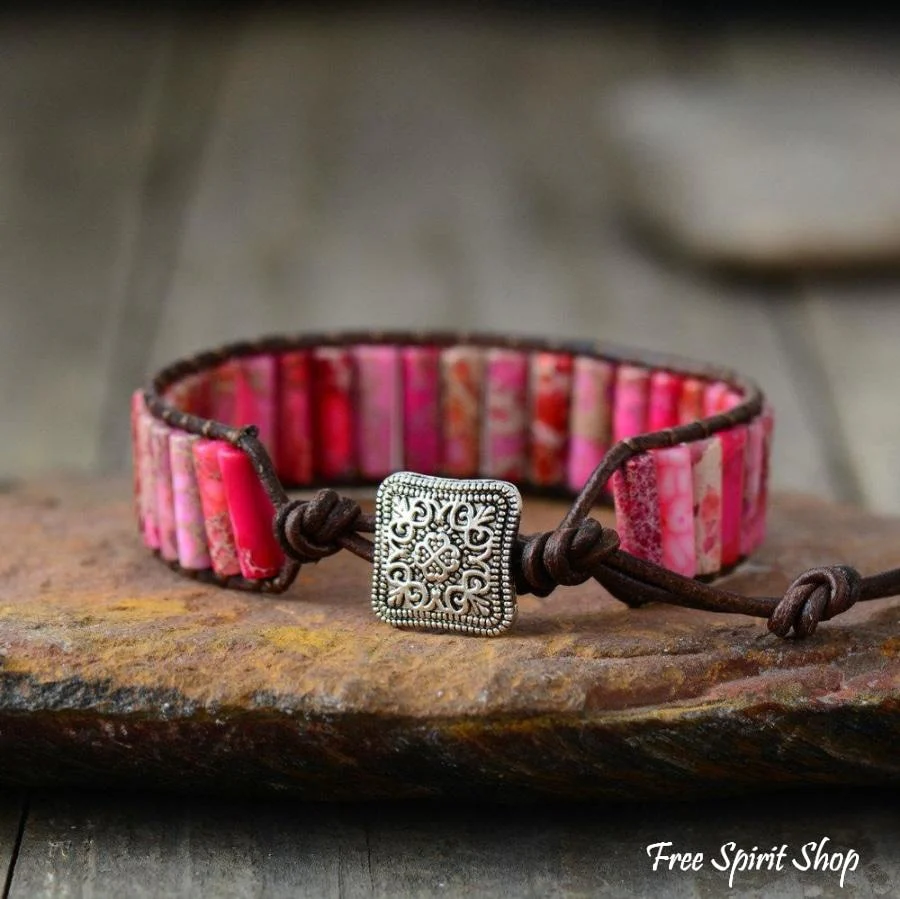 Handmade Natural Jasper & Agate Stone Leather Wrap Bracelet - Image 10