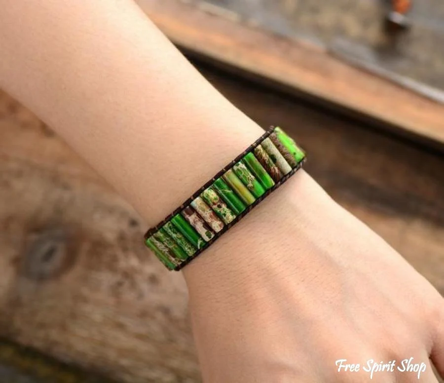 Handmade Natural Jasper & Agate Stone Leather Wrap Bracelet - Image 3