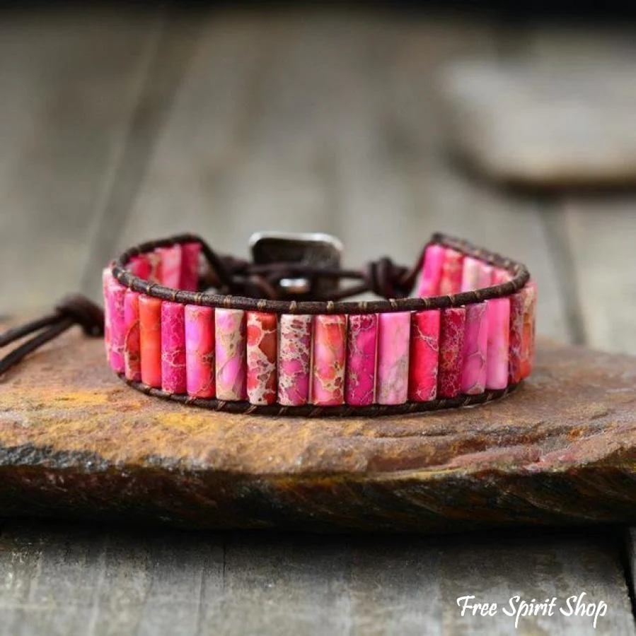 Handmade Natural Jasper & Agate Stone Leather Wrap Bracelet - Image 4
