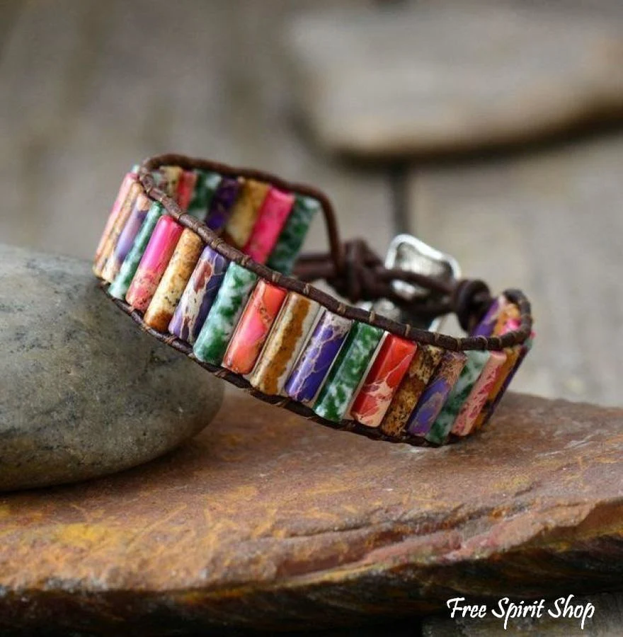 Handmade Natural Jasper & Agate Stone Leather Wrap Bracelet - Image 6