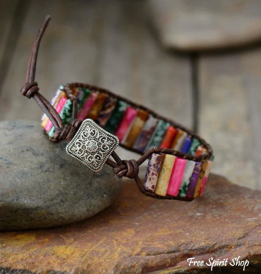Handmade Natural Jasper & Agate Stone Leather Wrap Bracelet - Image 7