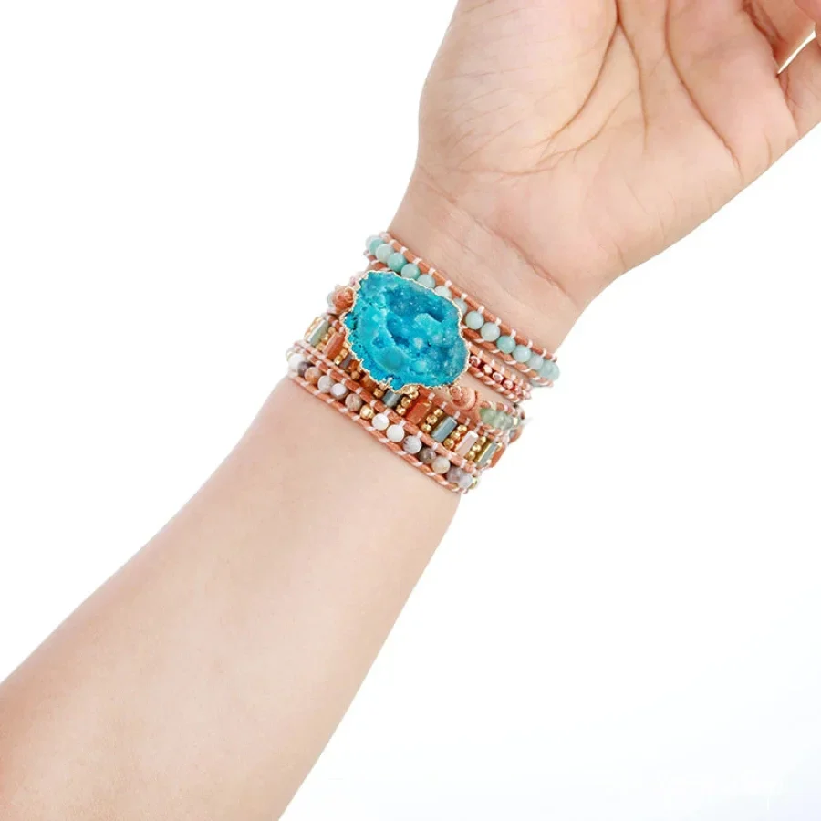 Handmade Natural Jasper Aventurine & Amazonite Druzy Leather Wrap Bracelet - Image 3