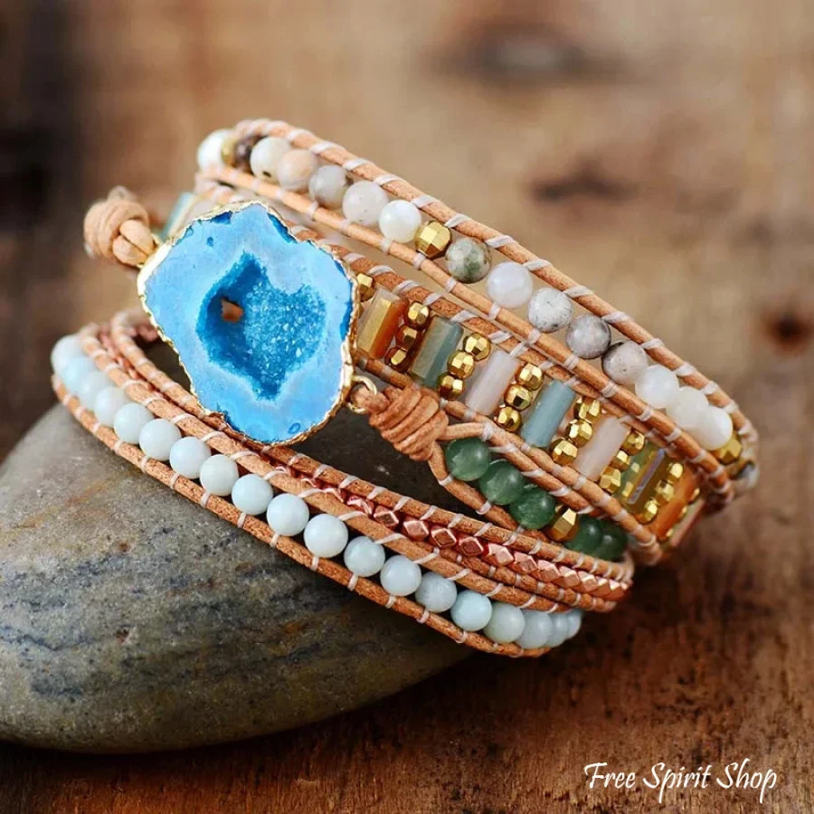 Handmade Natural Jasper Aventurine & Amazonite Druzy Leather Wrap Bracelet - Image 4