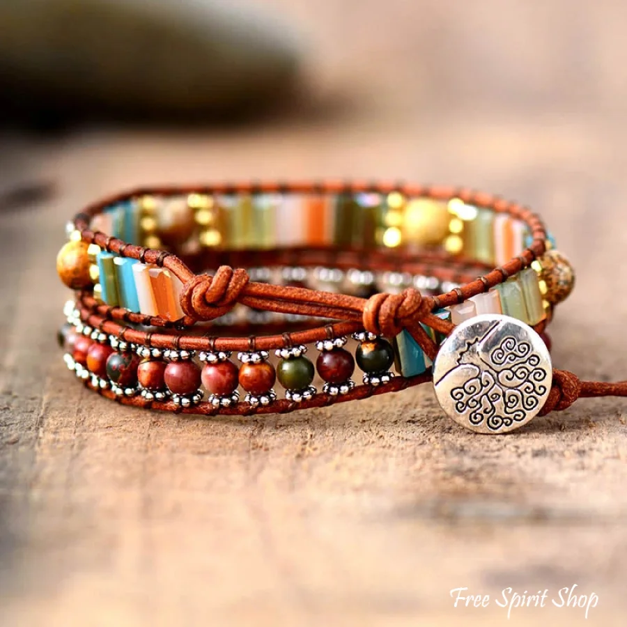 Handmade Natural Jasper & Crystal Leather Wrap Bracelet - Image 3