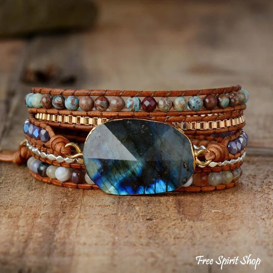 Handmade Natural Labradorite Agate & Jasper Wrap Bracelet