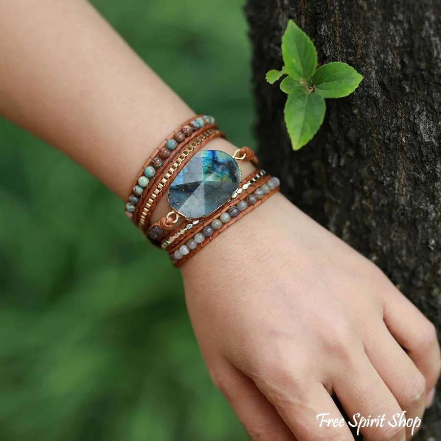 Handmade Natural Labradorite Agate & Jasper Wrap Bracelet - Image 2