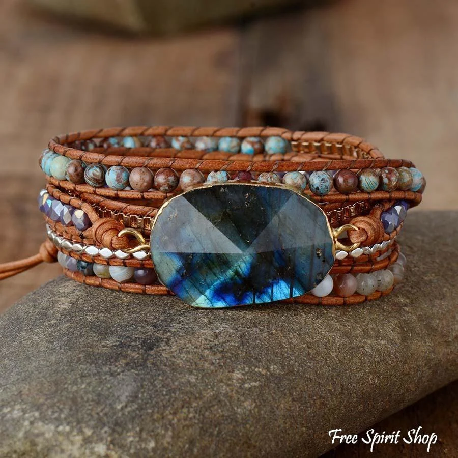 Handmade Natural Labradorite Agate & Jasper Wrap Bracelet - Image 3
