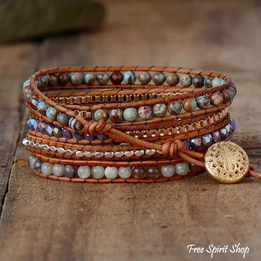 Handmade Natural Labradorite Agate & Jasper Wrap Bracelet - Image 4