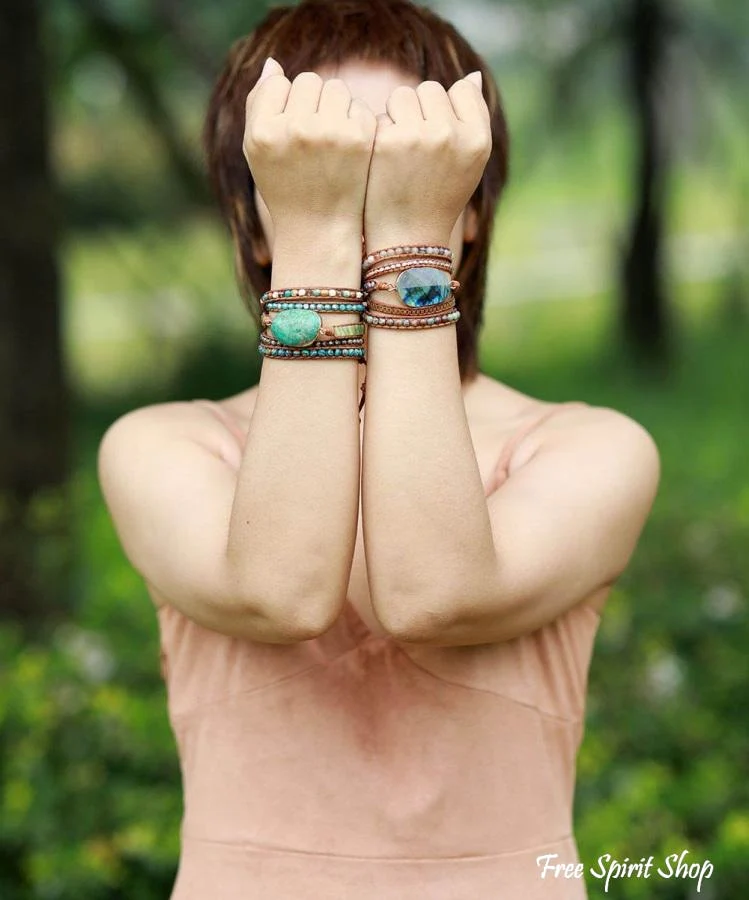 Handmade Natural Labradorite Agate & Jasper Wrap Bracelet - Image 5