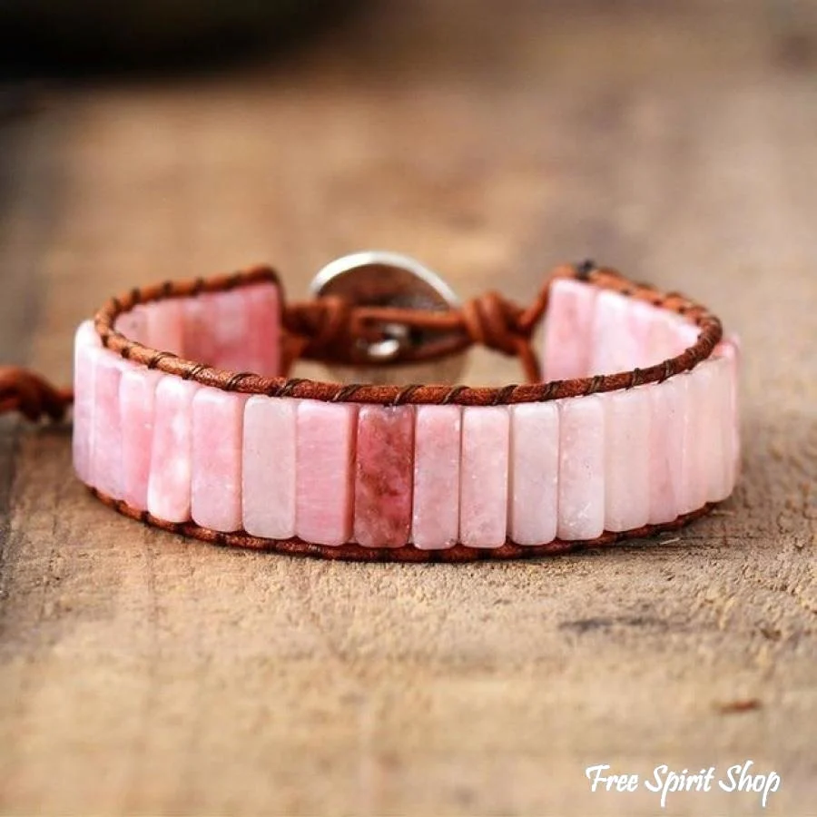 Handmade Natural Pink Opal Stone Leather Wrap Bracelet - Image 3