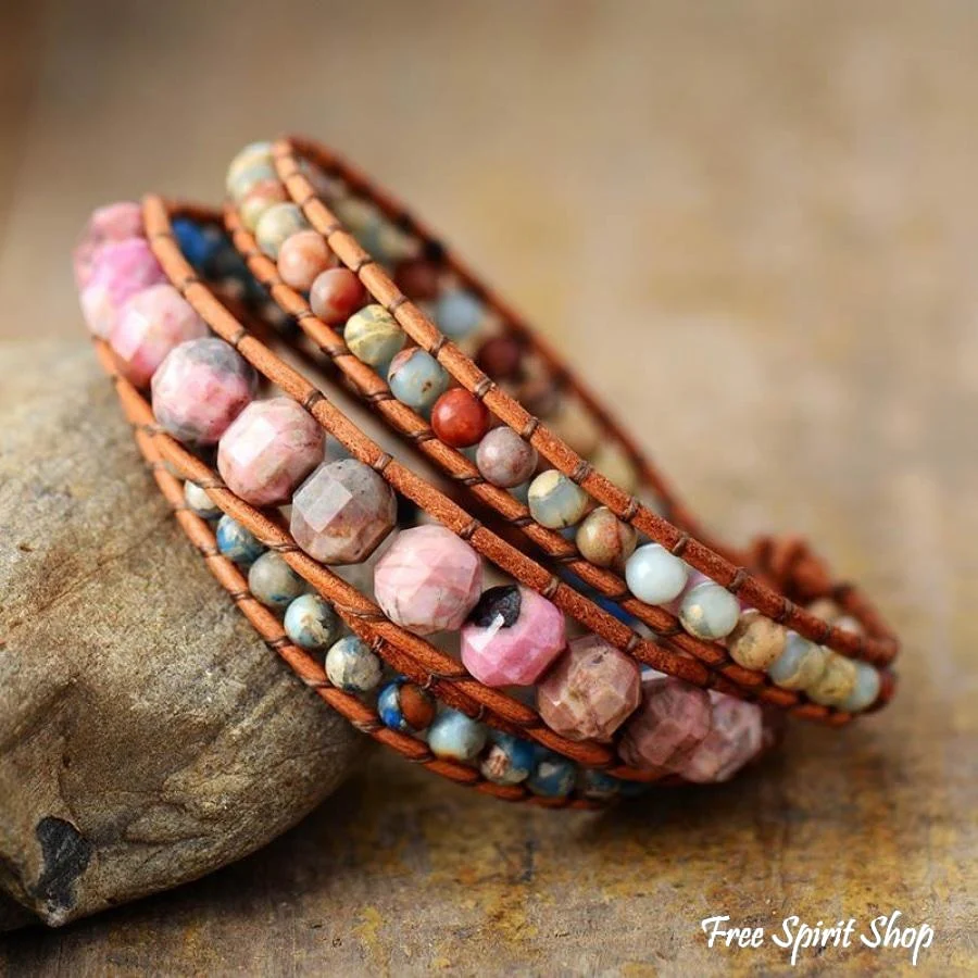 Handmade Natural Faceted Rhodonite & King Jasper Wrap Bracelet