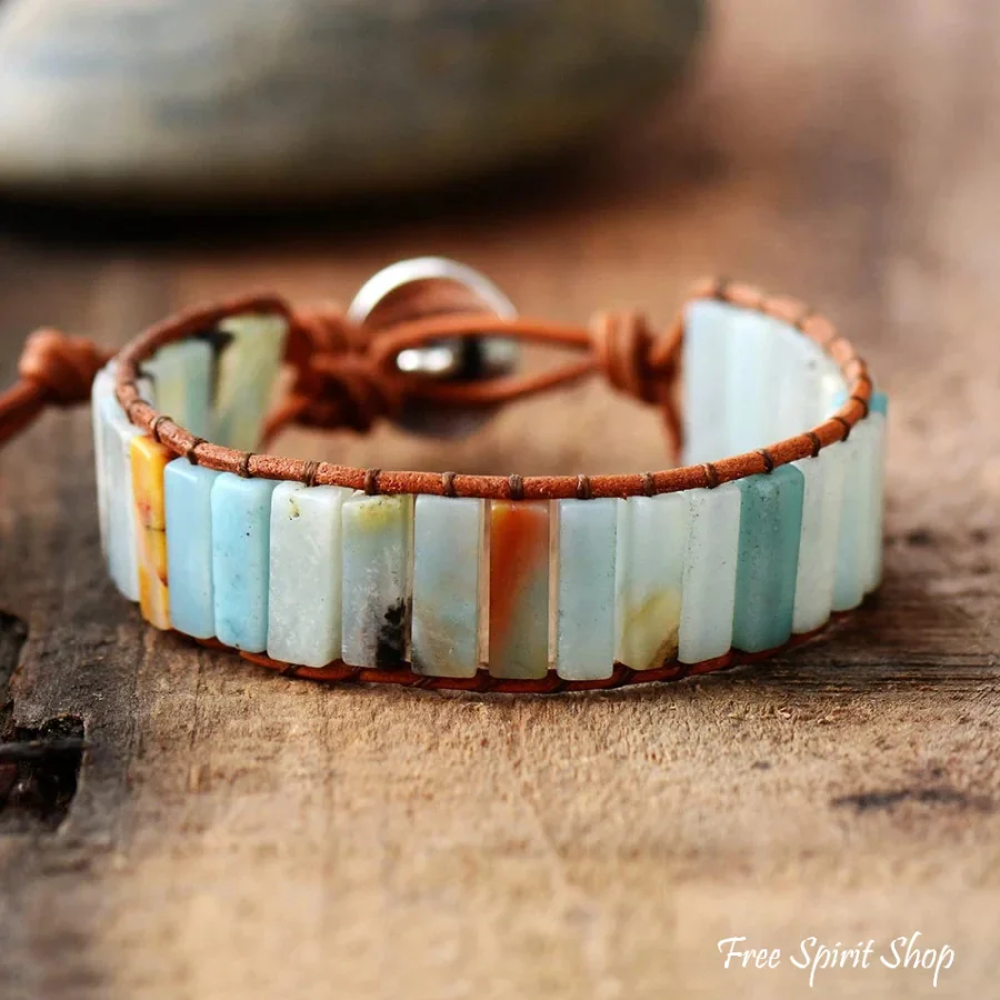 Natural Amazonite Stone & Leather Tree Of Life Bracelet - Image 3