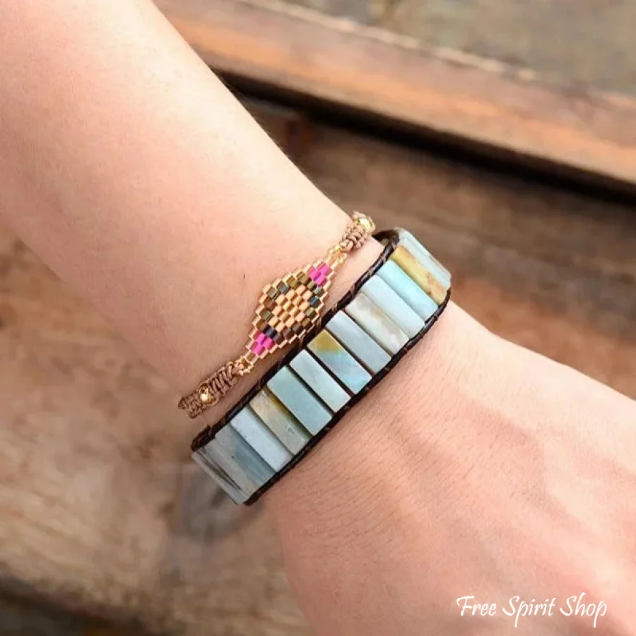 Natural Amazonite Stone & Leather Tree Of Life Bracelet - Image 4