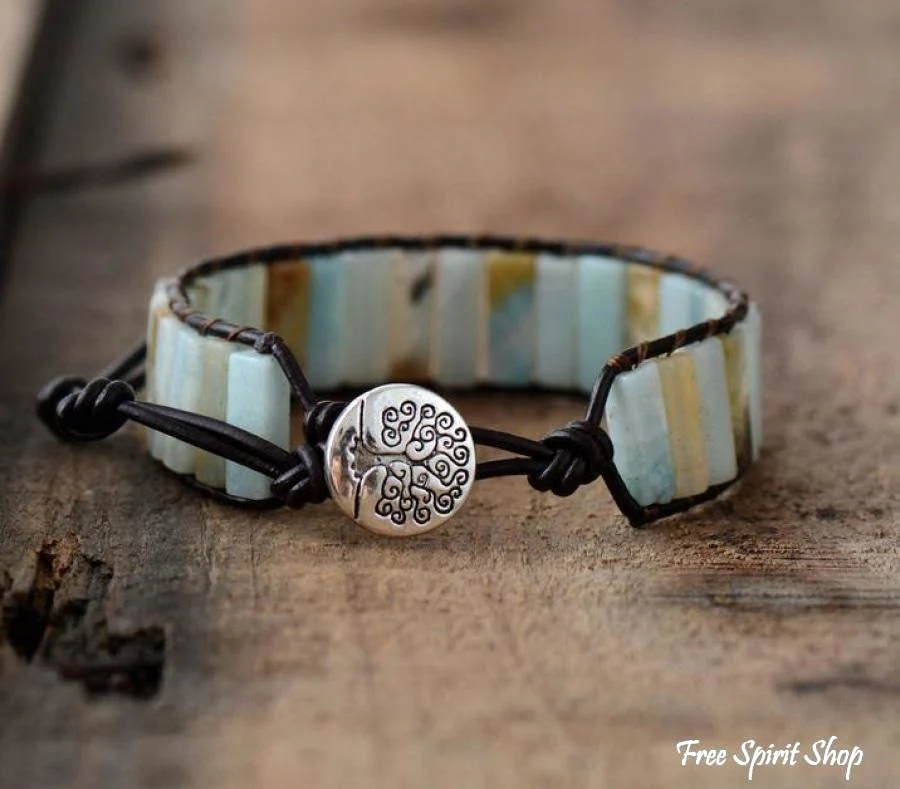 Natural Amazonite Stone & Leather Tree Of Life Bracelet - Image 5