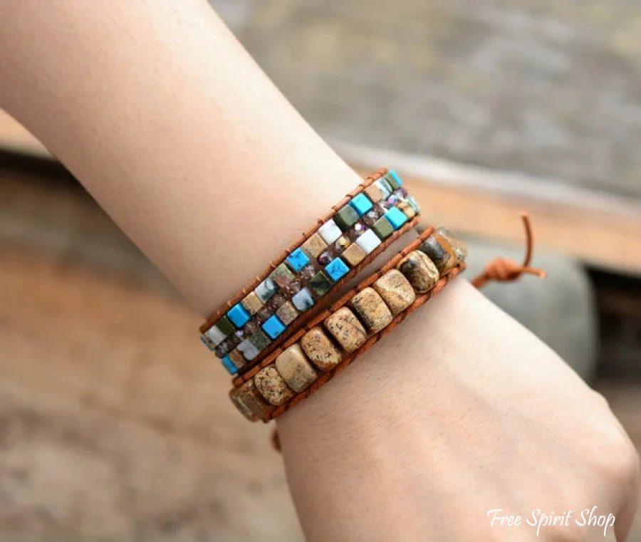Handmade Natural Semi-precious Jasper Bead Leather Bracelet - Image 2