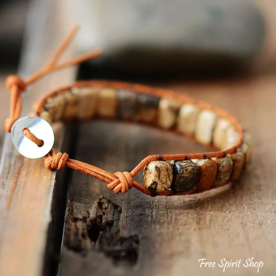 Handmade Natural Semi-precious Jasper Bead Leather Bracelet - Image 4
