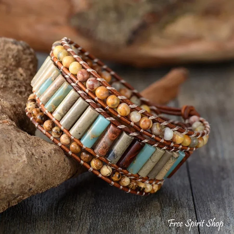 Natural Jasper & Sunflower Charm Leather Wrap Bracelet - Image 3
