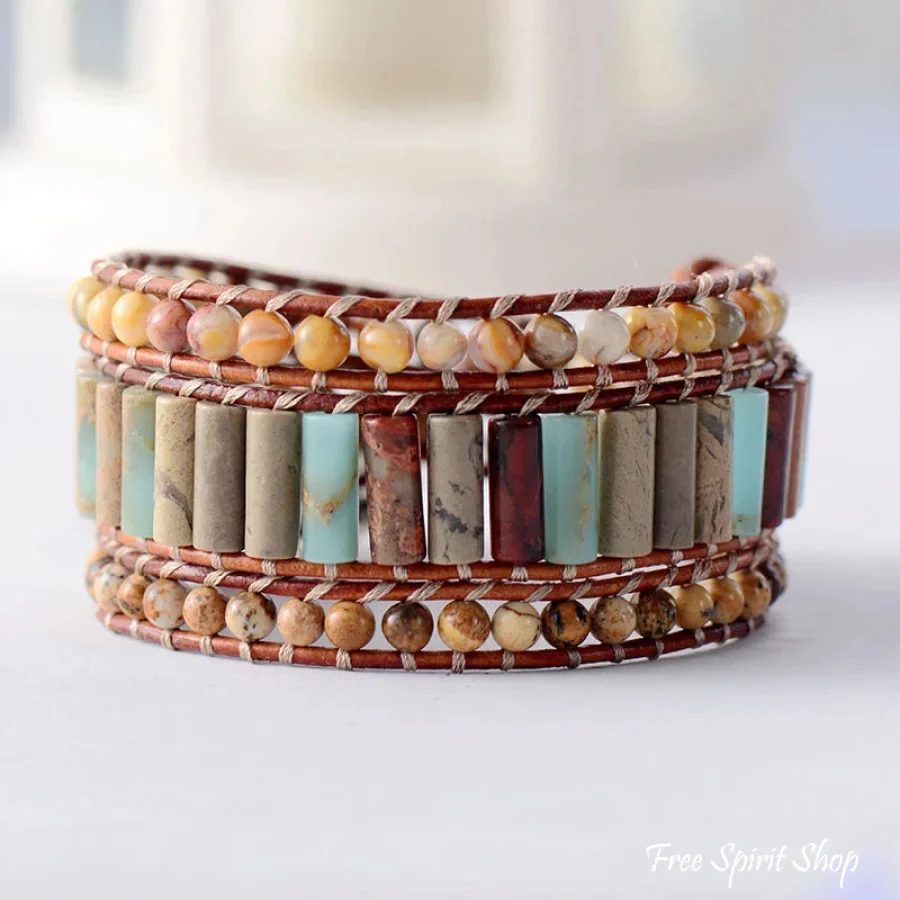 Natural Jasper & Sunflower Charm Leather Wrap Bracelet - Image 4