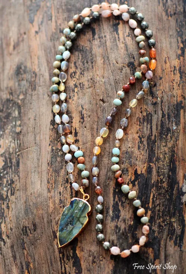 Handmade Natural Strawberry Quartz & Pyrite Necklace with Labradorite Pendant - Image 3