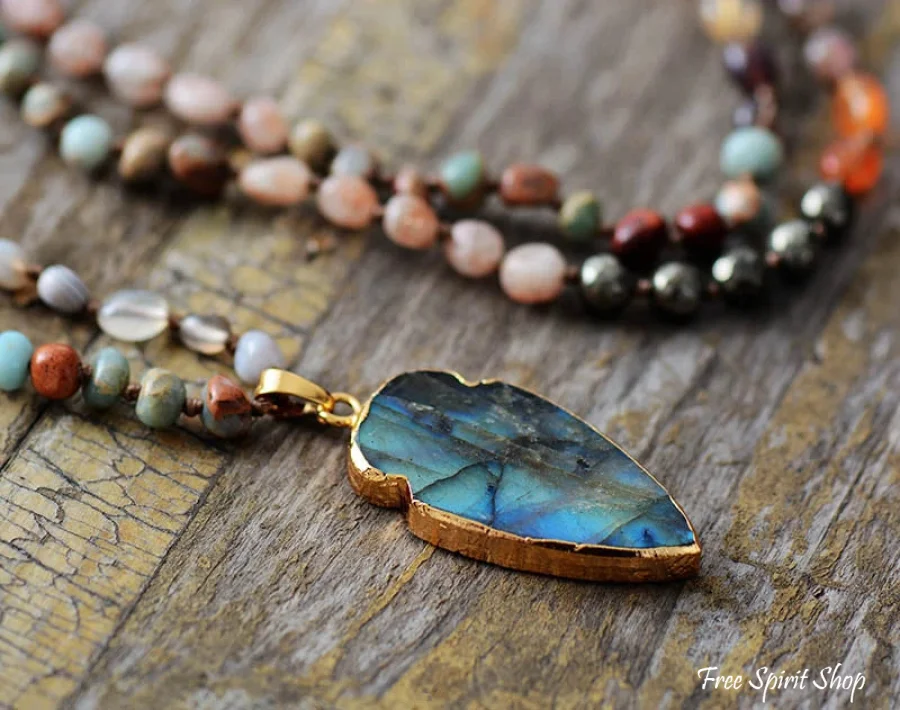 Handmade Natural Strawberry Quartz & Pyrite Necklace with Labradorite Pendant - Image 4