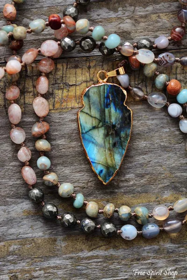 Handmade Natural Strawberry Quartz & Pyrite Necklace with Labradorite Pendant - Image 5
