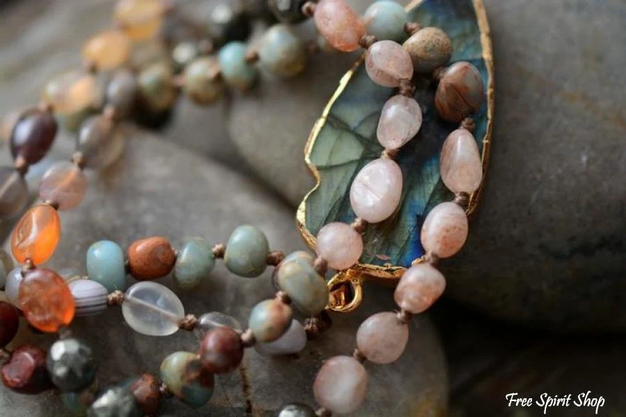 Handmade Natural Strawberry Quartz & Pyrite Necklace with Labradorite Pendant - Image 6