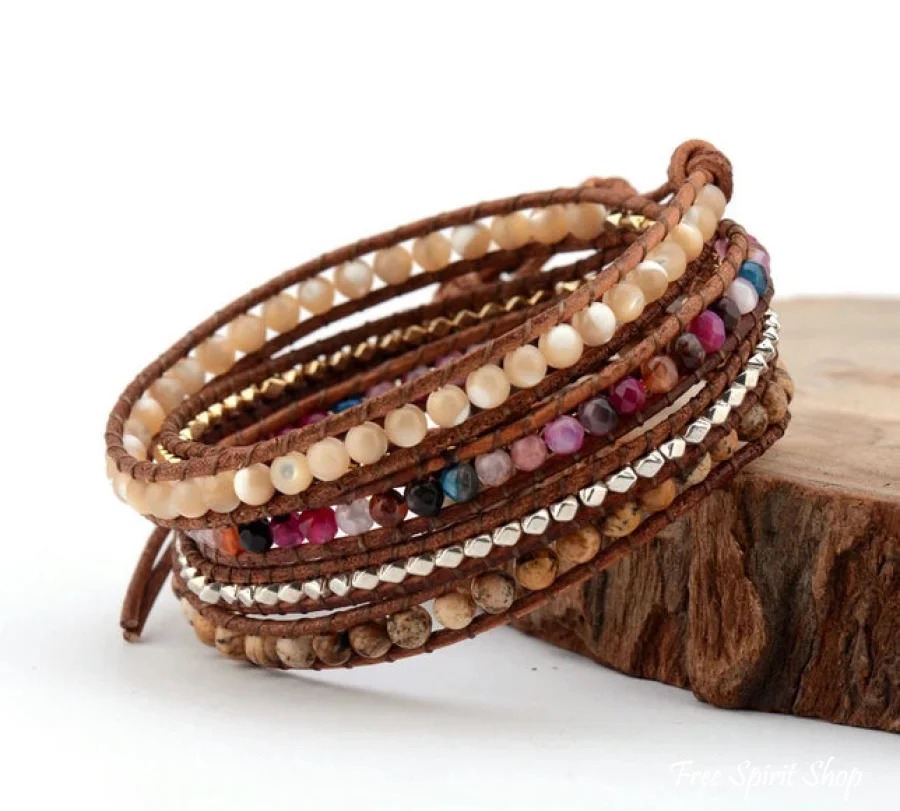 Handmade Natural Sunstone & Jasper Leather Wrap Bracelet - Image 3