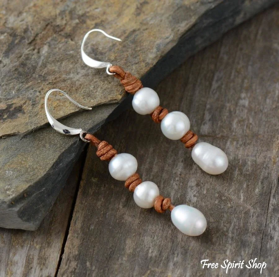 Handmade Natural Three Freshwater Pearl Leather Earrings - Image 3