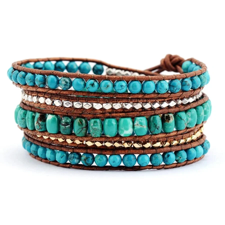 Handmade Natural Turquoise 5 Layer Leather Wrap Bracelet - Image 3