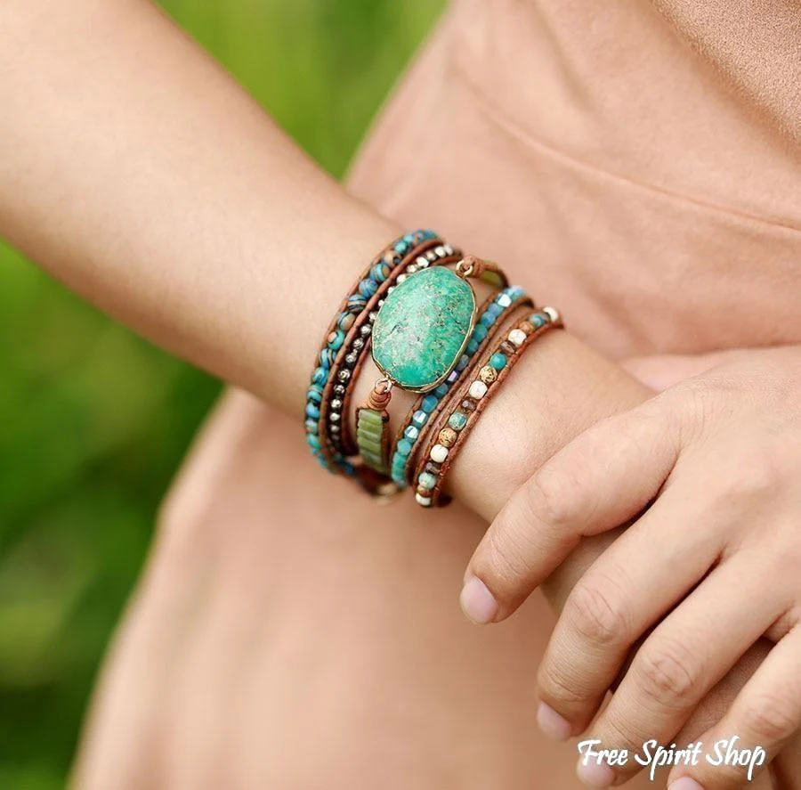 Handmade Natural Turquoise Jasper Punk Wrap Bracelet - Image 2