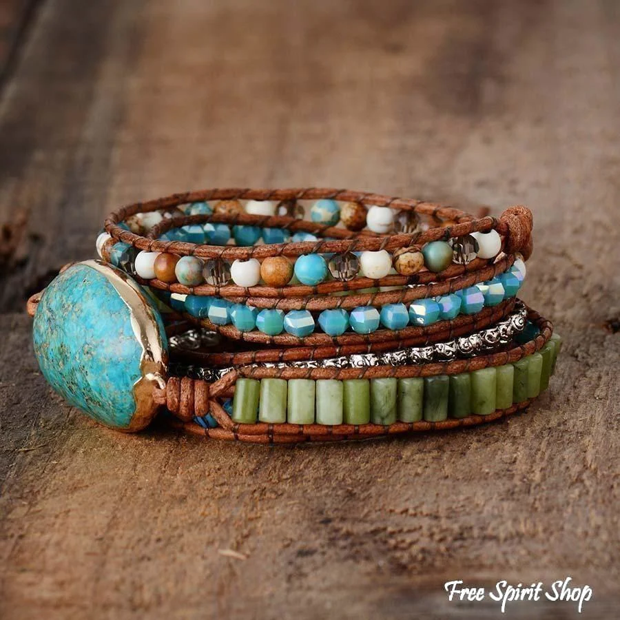 Handmade Natural Turquoise Jasper Punk Wrap Bracelet - Image 3