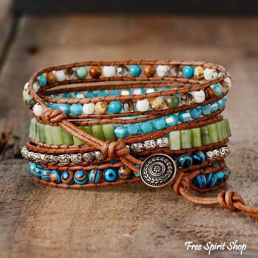 Handmade Natural Turquoise Jasper Punk Wrap Bracelet - Image 4