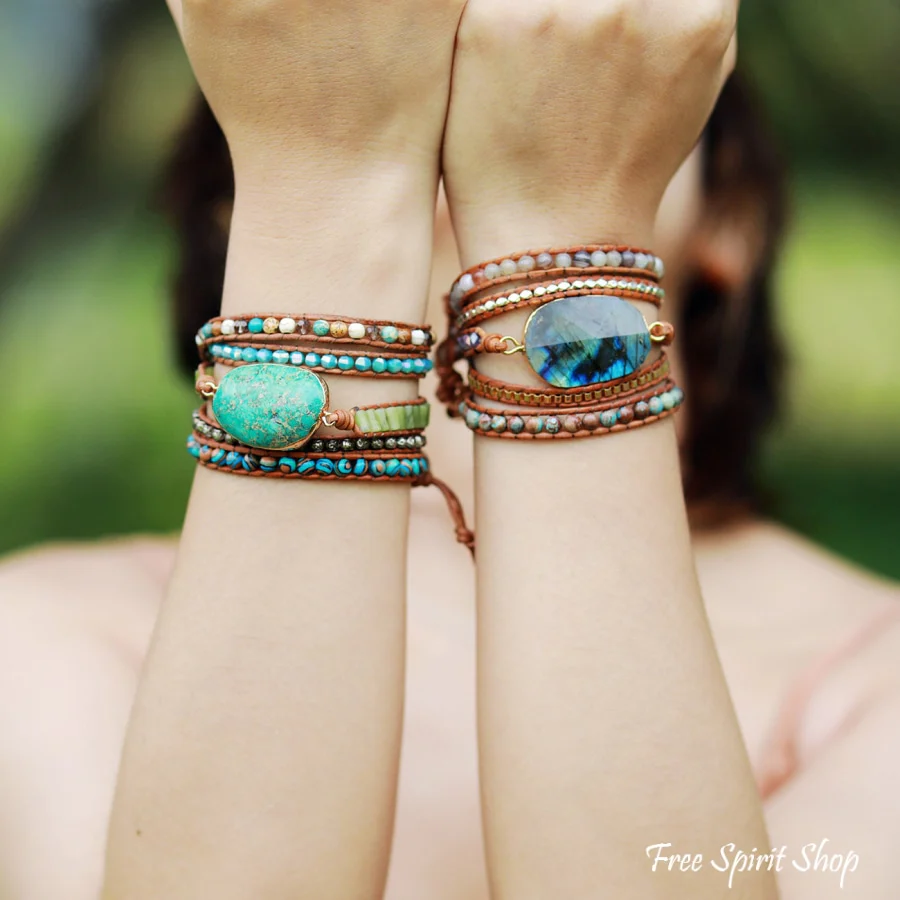 Handmade Natural Turquoise Jasper Punk Wrap Bracelet - Image 5