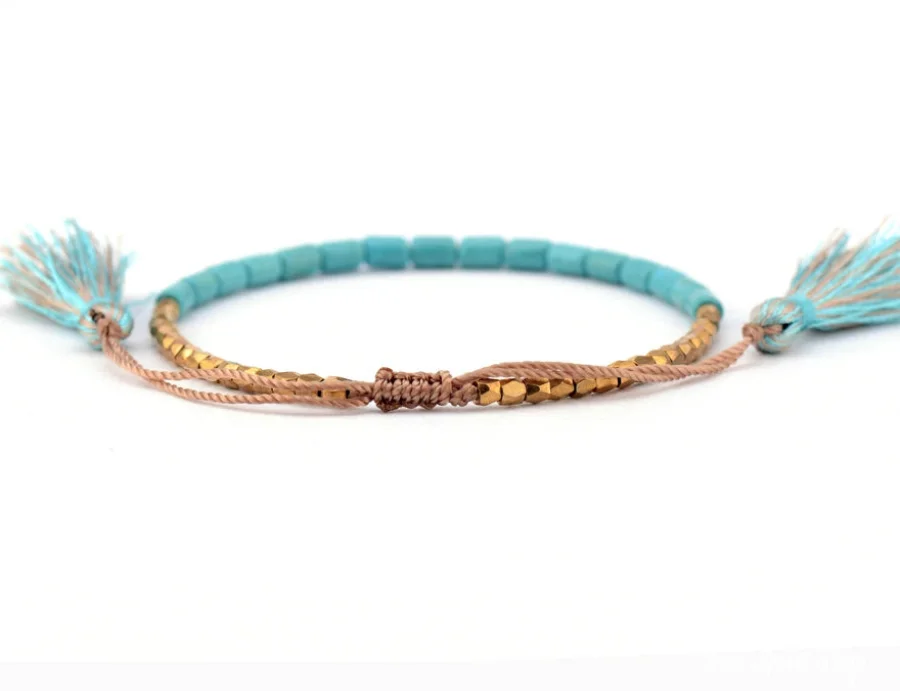 Handmade Turquoise Stone and Golden Bead Bracelet With Tassels - Image 3