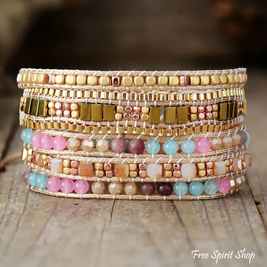 Handmade Pink Blue & Gold Bead Wrap Bracelet