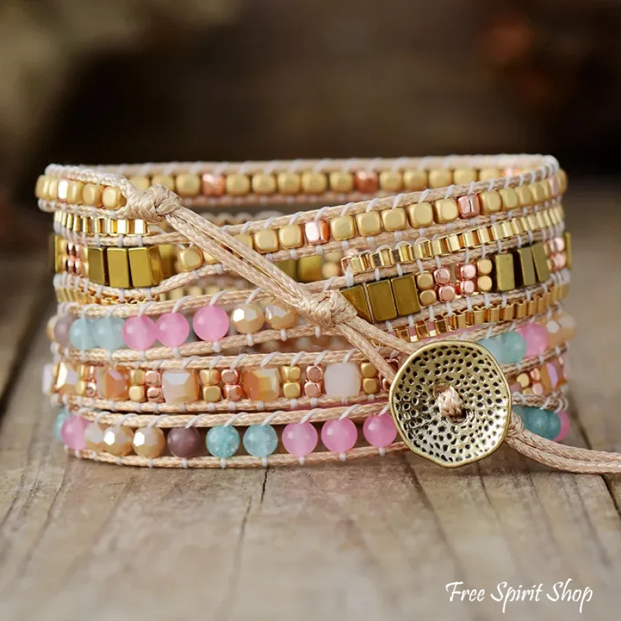 Handmade Pink Blue & Gold Bead Wrap Bracelet - Image 2
