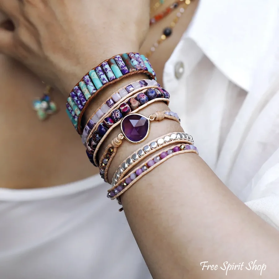 Handmade Purple Jasper & Amethyst Teardrop Wrap Bracelet - Image 2