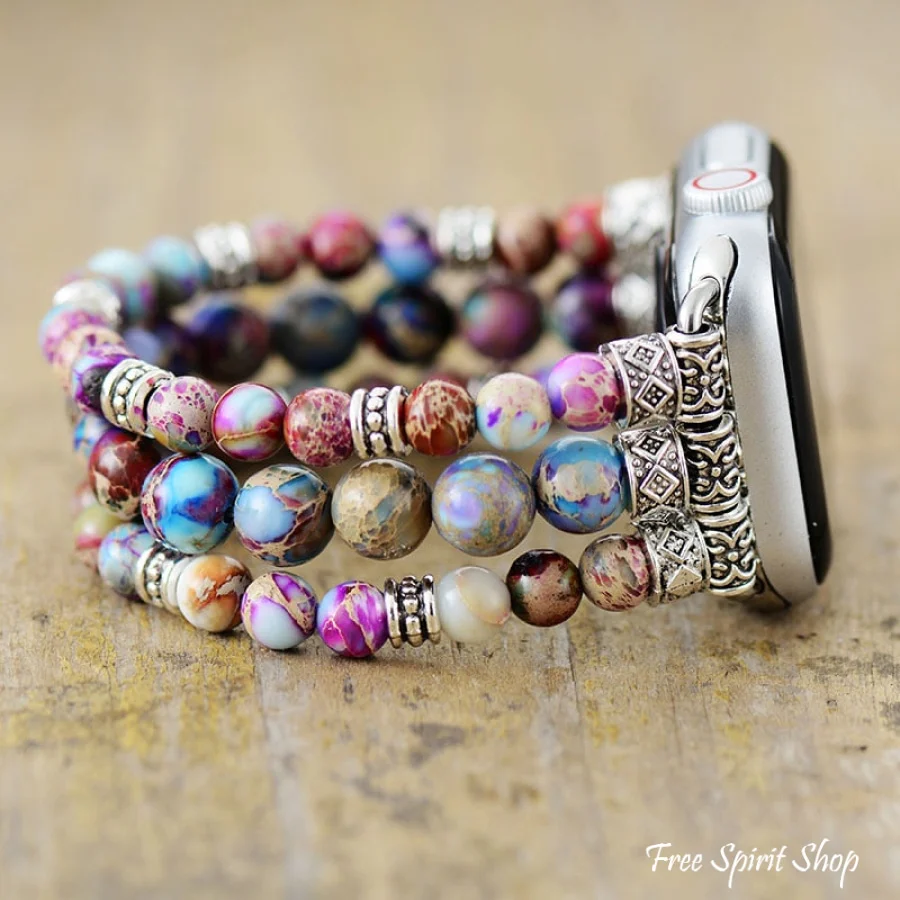 Handmade Purple Jasper Bead Elastic Apple Watch Band - Image 3