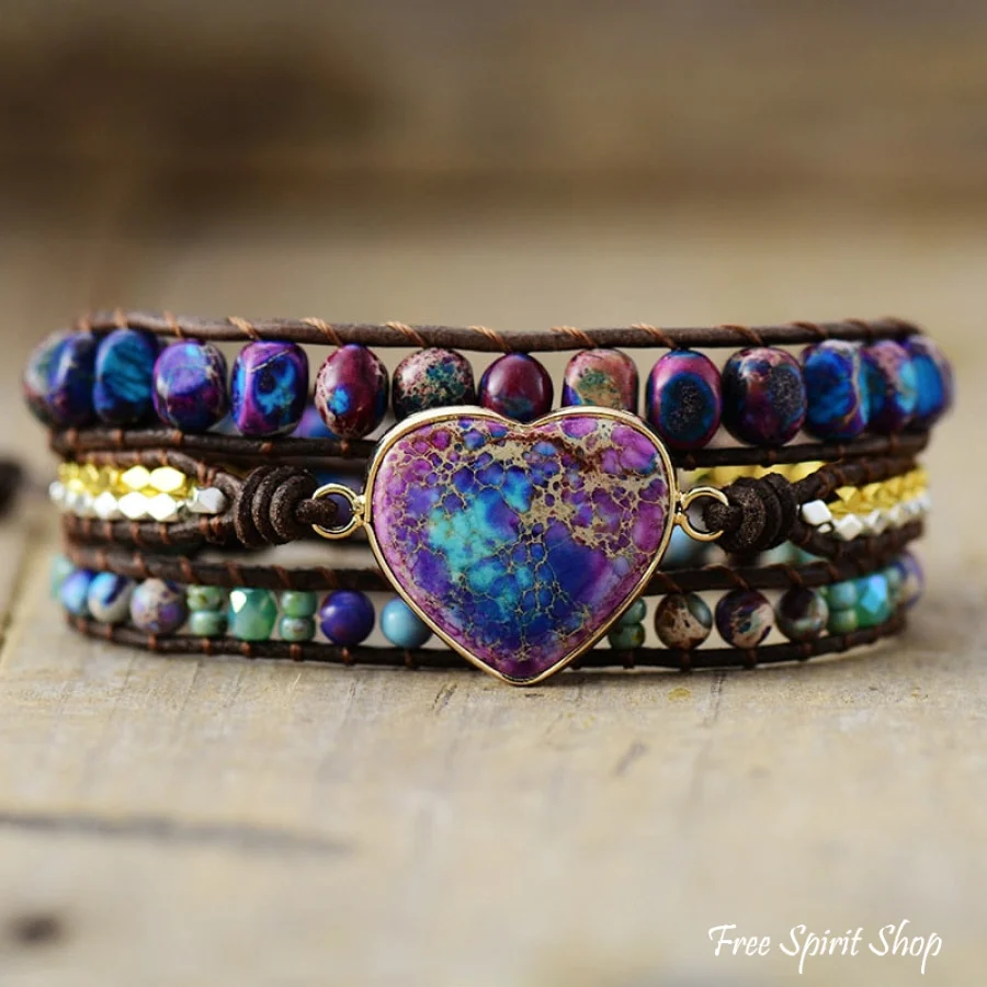 Handmade Purple & Turquoise Jasper Heart Dark Wrap Bracelet