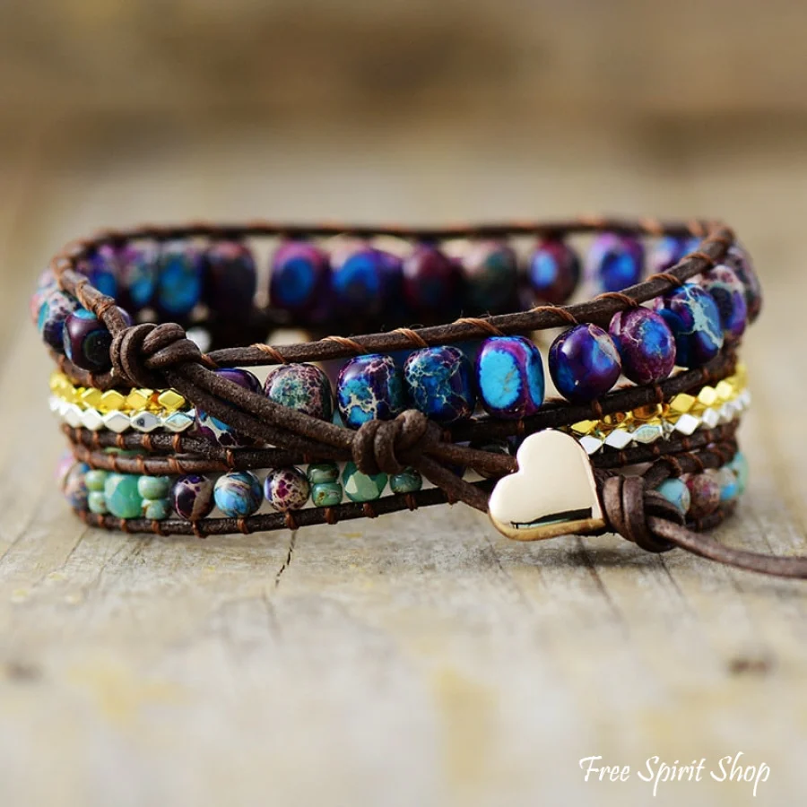 Handmade Purple & Turquoise Jasper Heart Dark Wrap Bracelet - Image 2