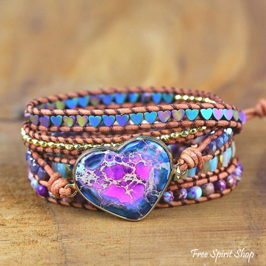 Handmade Purple Jasper Heart Wrap Bracelet - Image 2