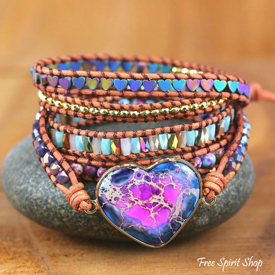 Handmade Purple Jasper Heart Wrap Bracelet - Image 3