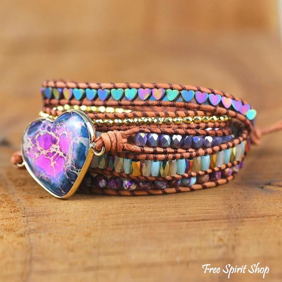 Handmade Purple Jasper Heart Wrap Bracelet - Image 7