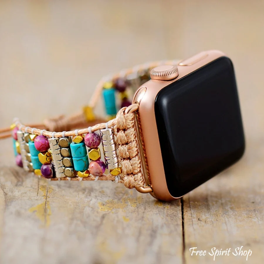 Handmade Purple Jasper & Turquoise Apple Watch Band - Image 4