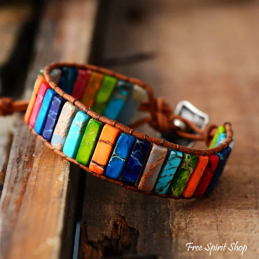Handmade Rainbow Jasper Leather Wrap Bracelet